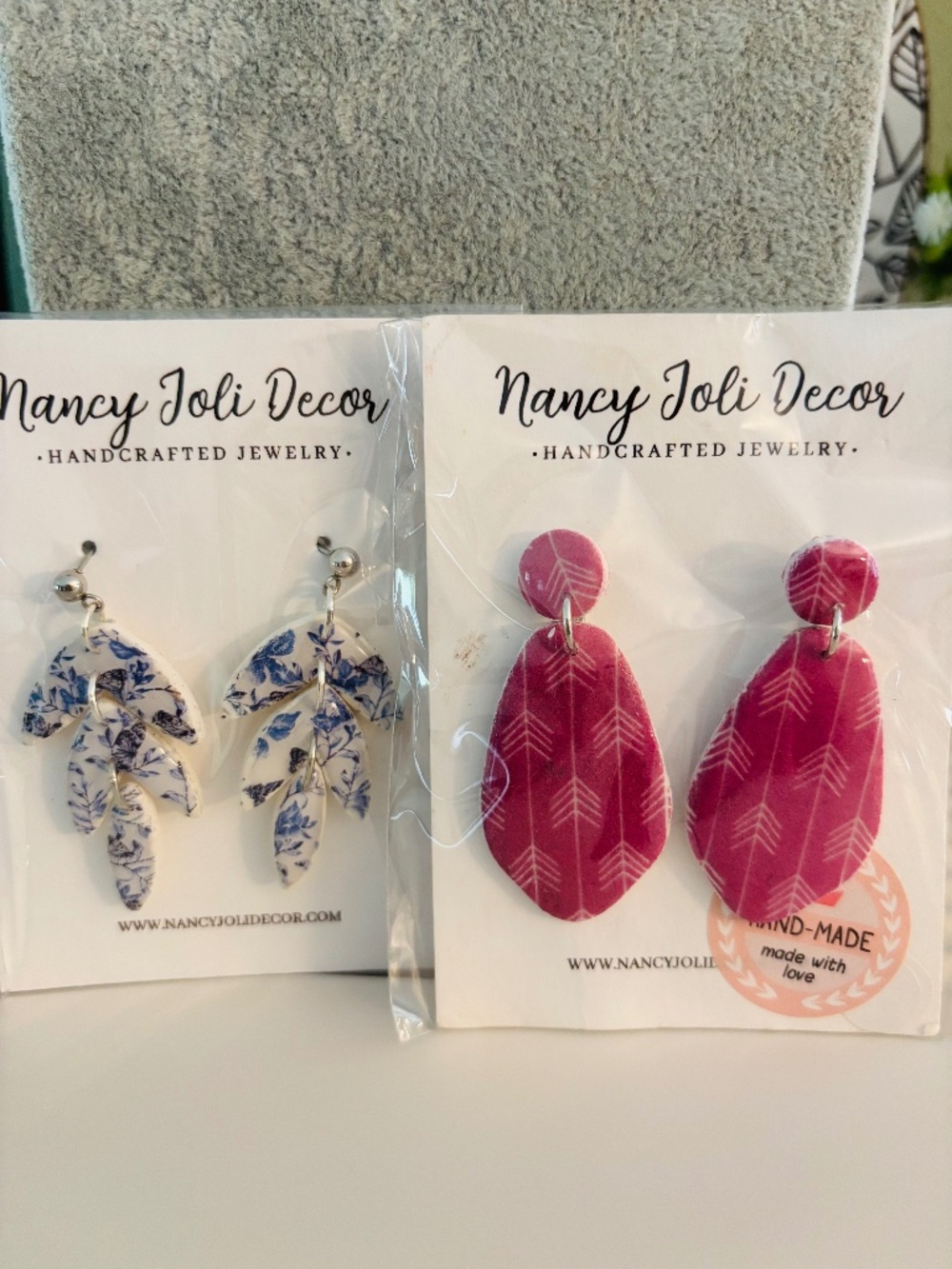 Set of 2 Polymer Clay Earrings - Blue Floral Leaf and Pink Arrows